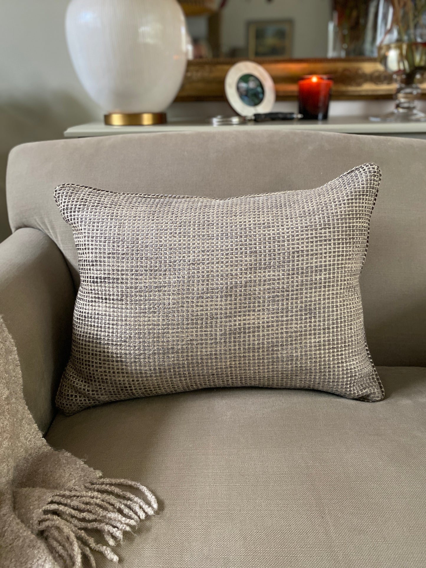 Chenille cushion in earthy browns and sand