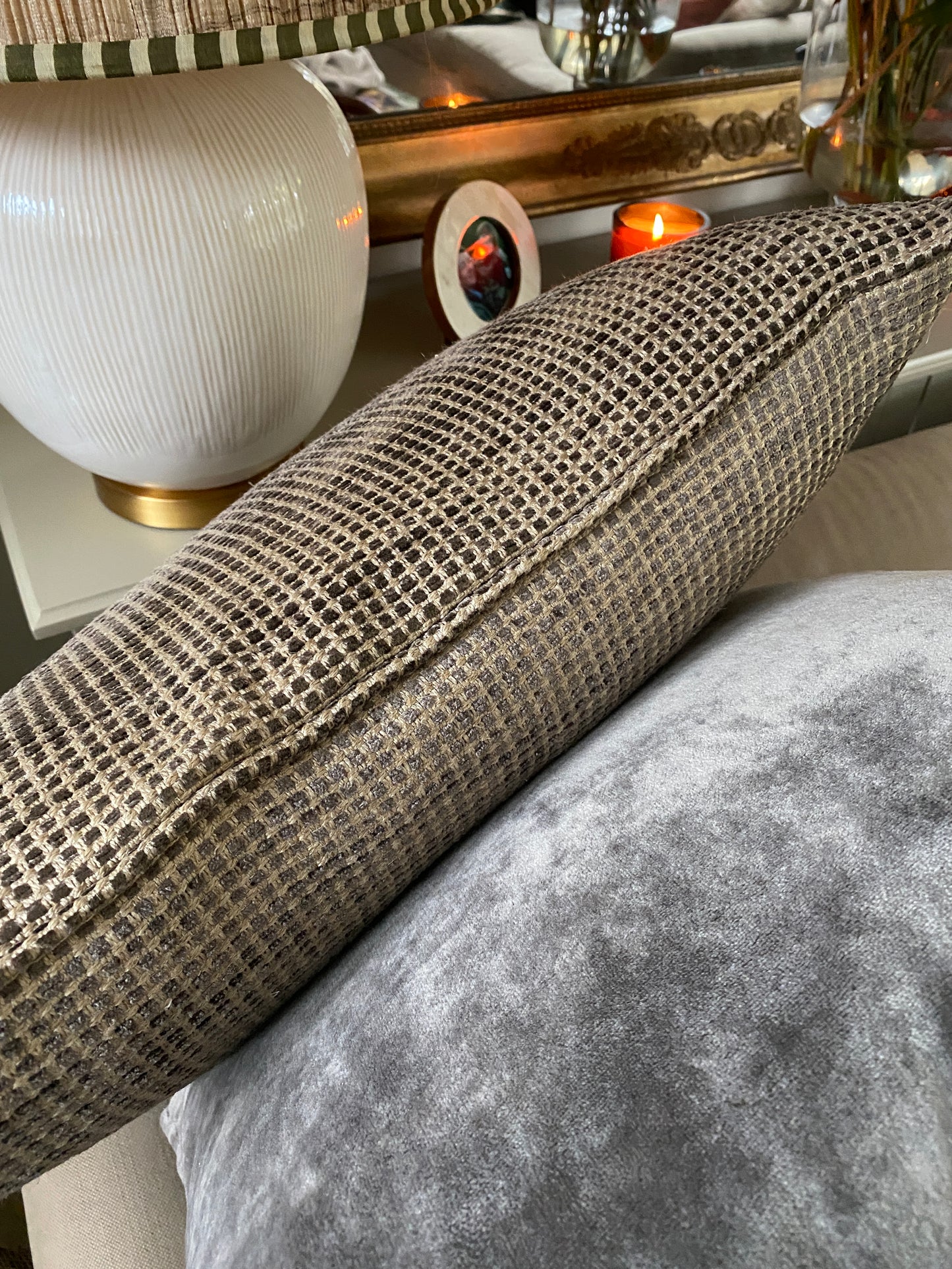 Chenille cushion in earthy browns and sand