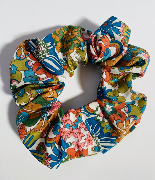 Retro colour palette floral motif Liberty design scrunchie - slim