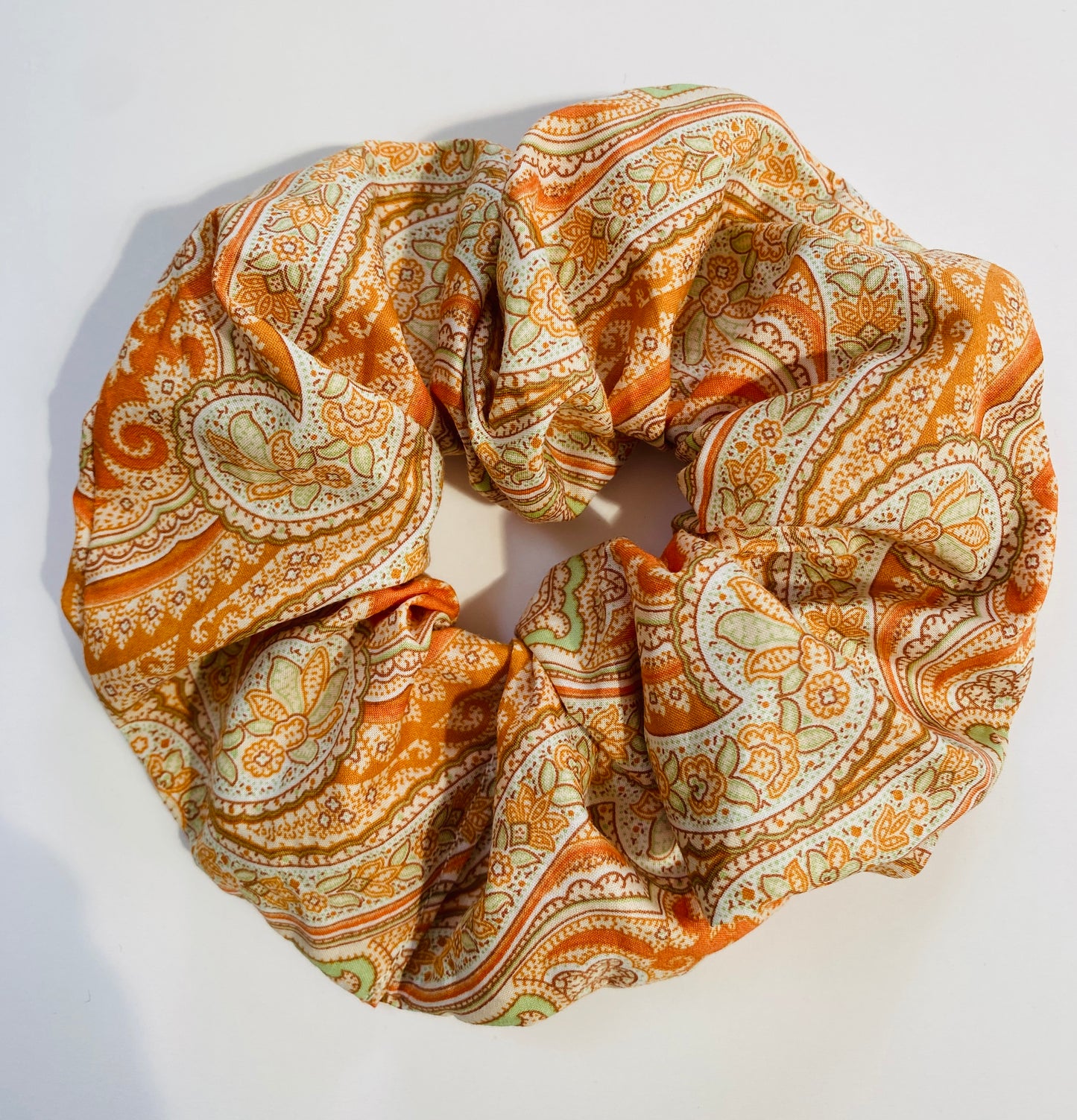 Silky soft orange paisley scrunchie in Liberty Tana Lawn cotton - full