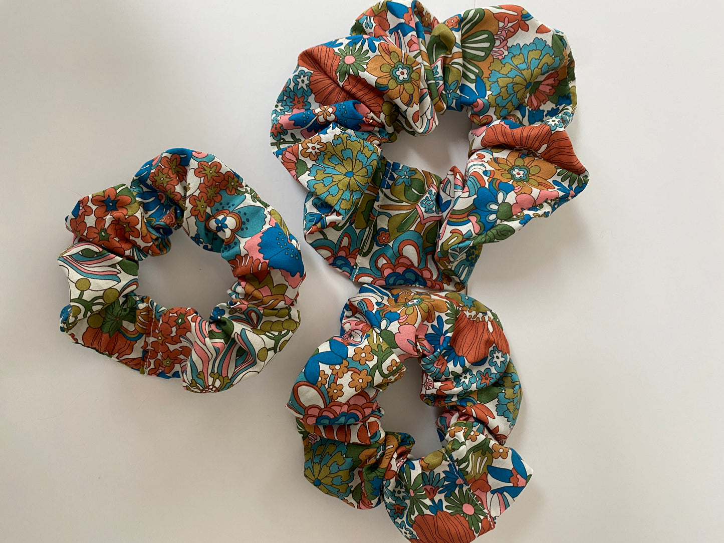 Retro colour palette floral motif Liberty design scrunchie - full