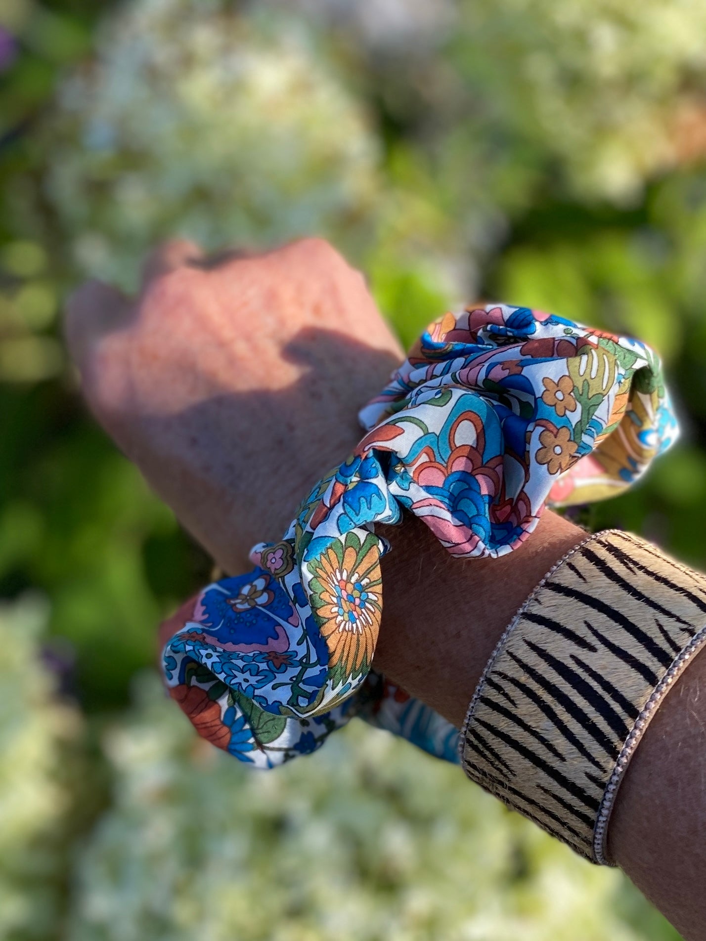 Retro colour palette floral motif Liberty design scrunchie - full
