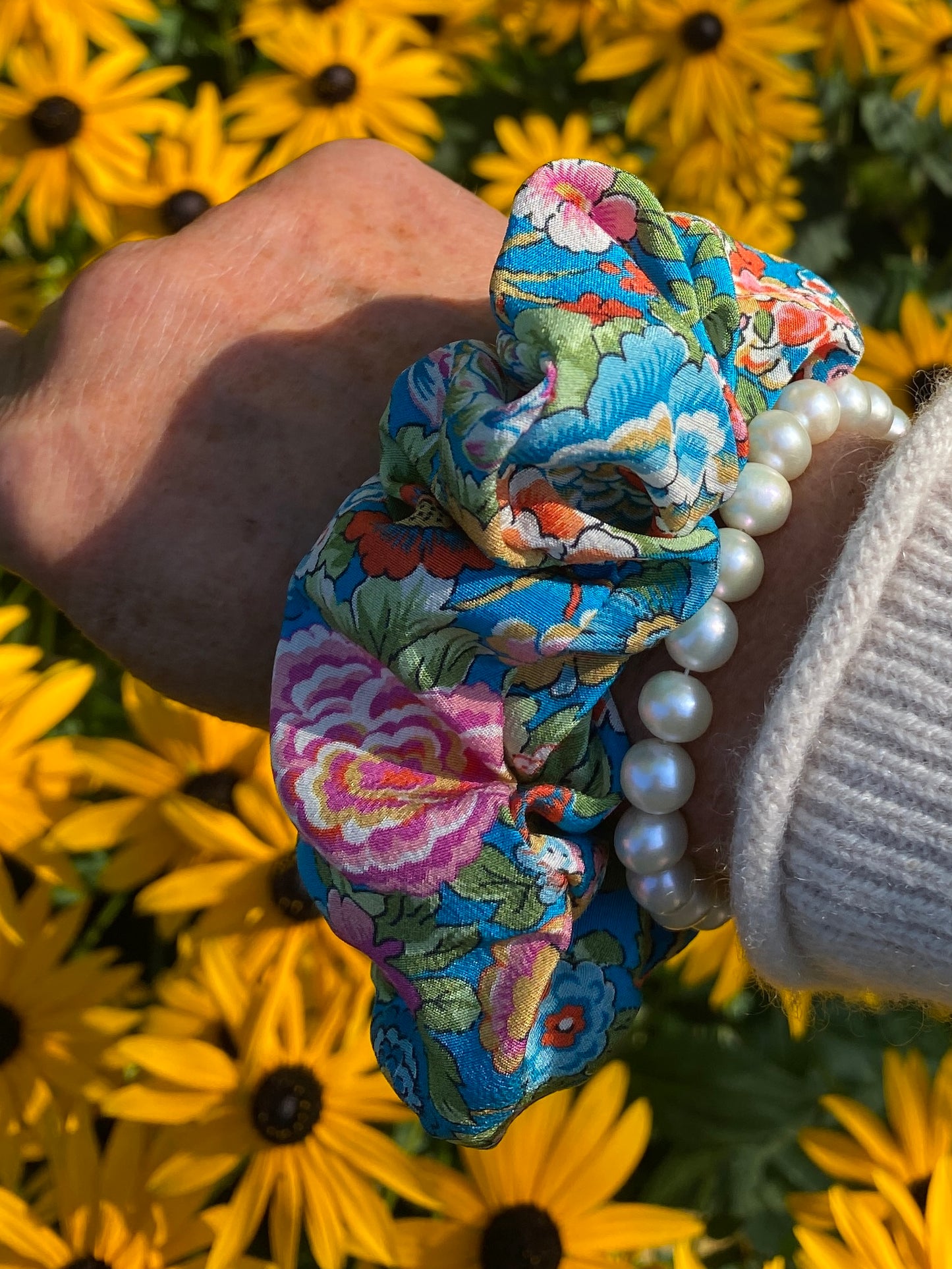 Luxury floral silk scrunchie with turquoise, orange, and pink - slim