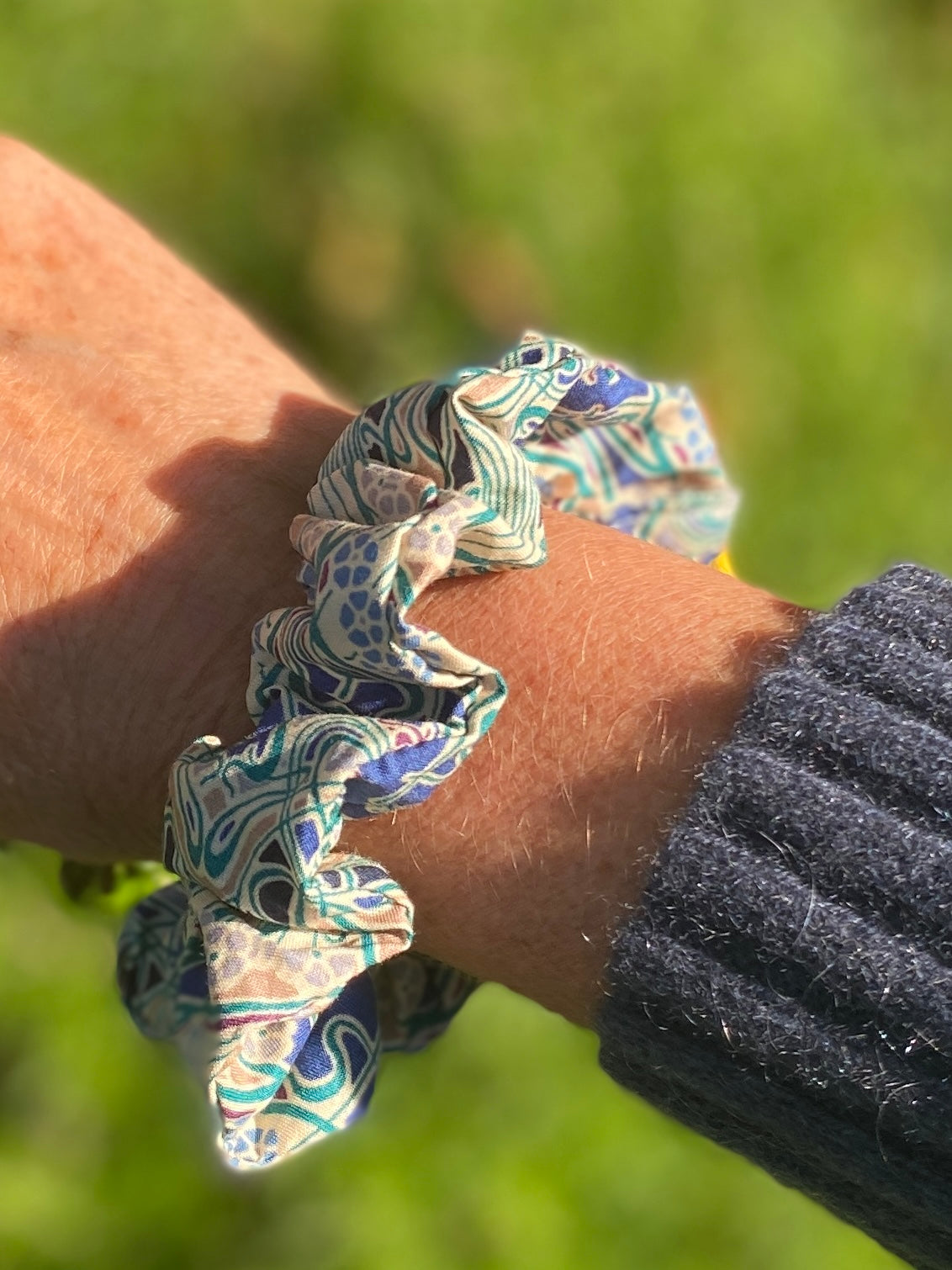 Classic Liberty Tana Lawn cotton scrunchie in navy and green - skinny
