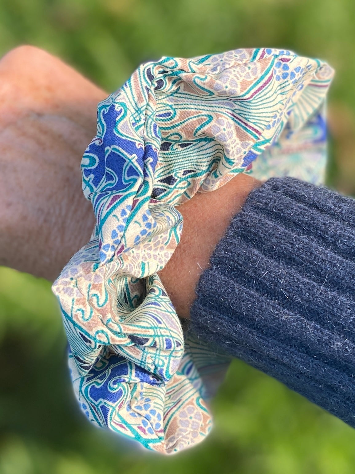 Classic Liberty Tana Lawn cotton scrunchie in navy and green - full