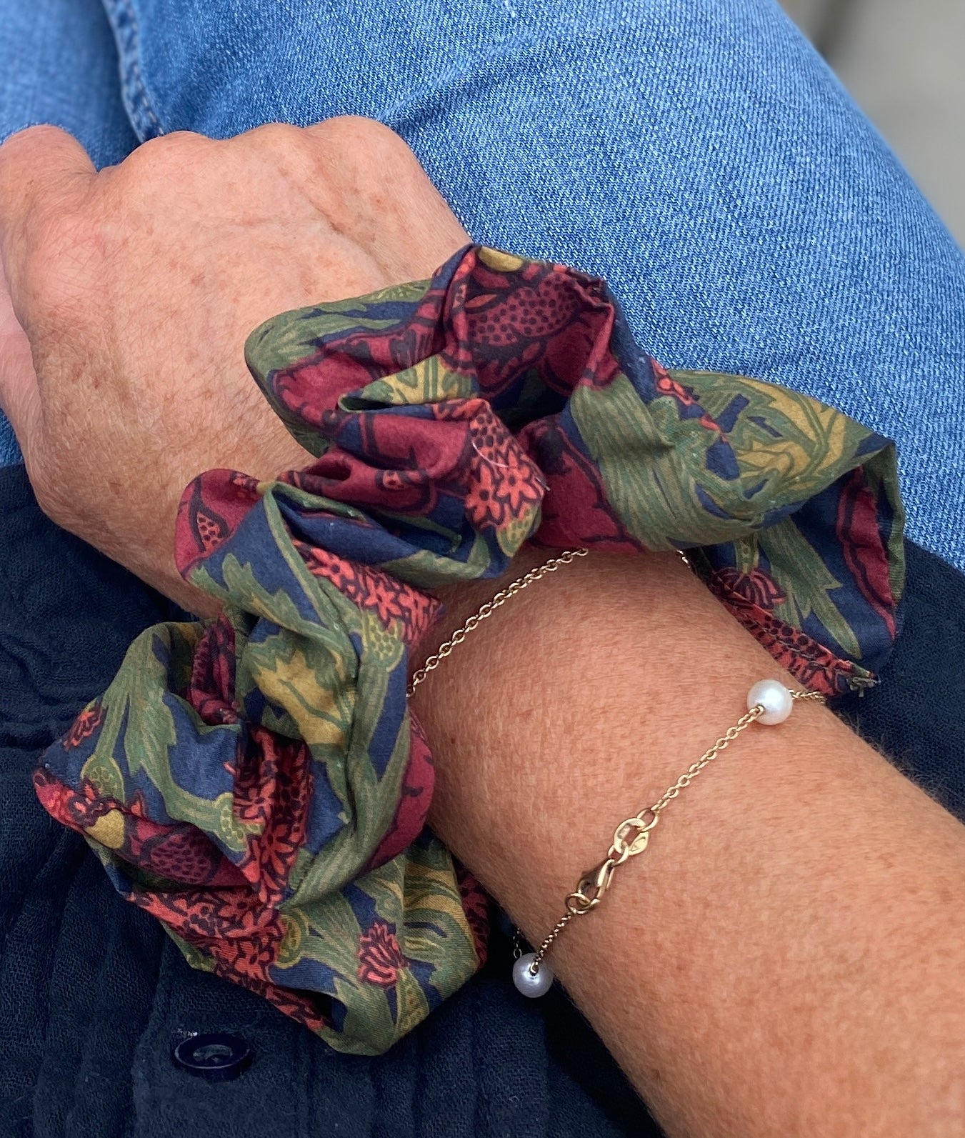 Richly jewel coloured Liberty Tana Lawn scrunchie - full