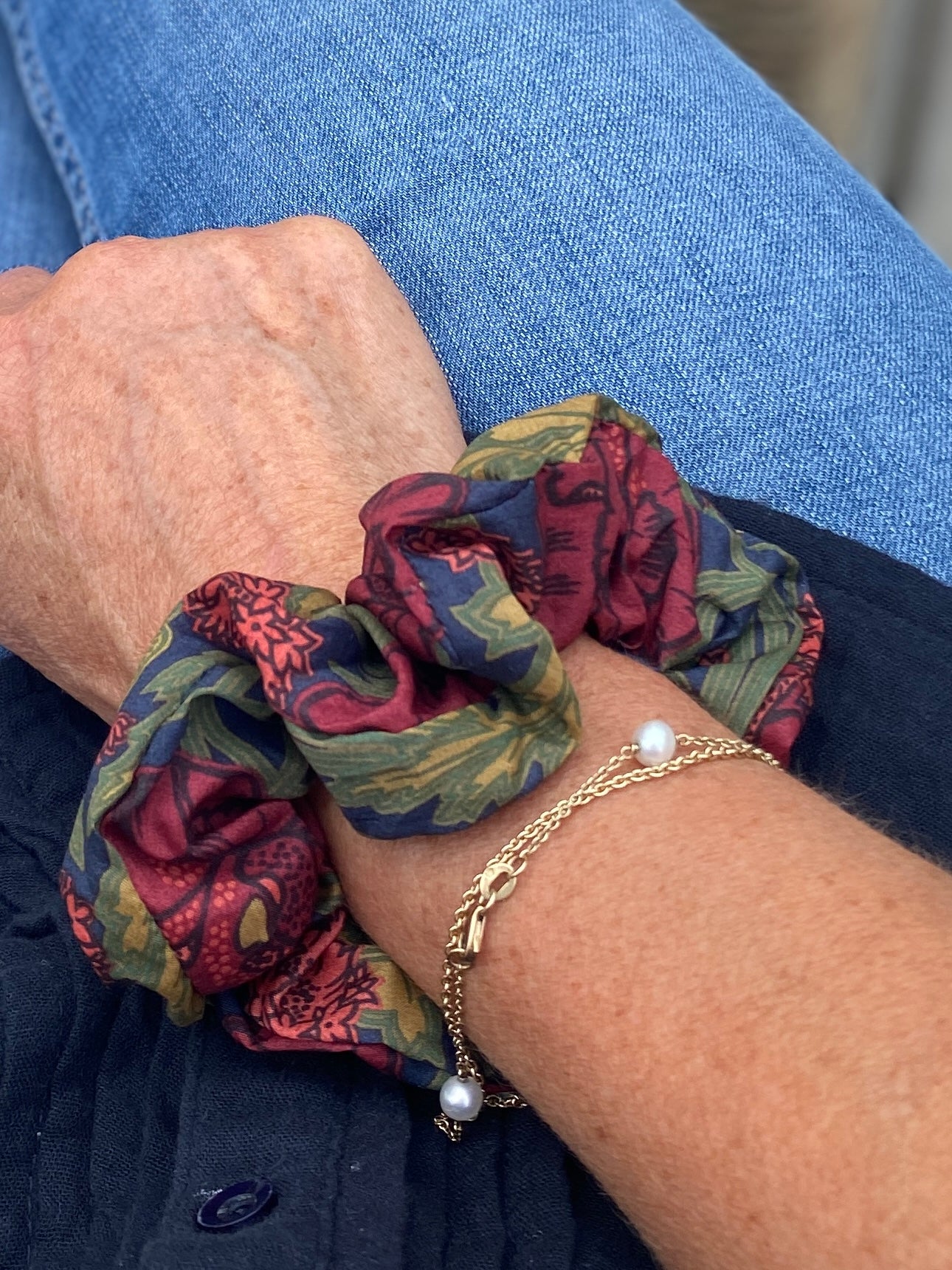Richly jewel coloured Liberty Tana Lawn scrunchie - slim