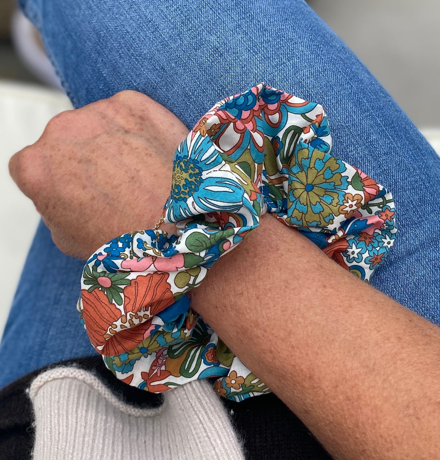 Retro colour palette floral motif Liberty design scrunchie - full