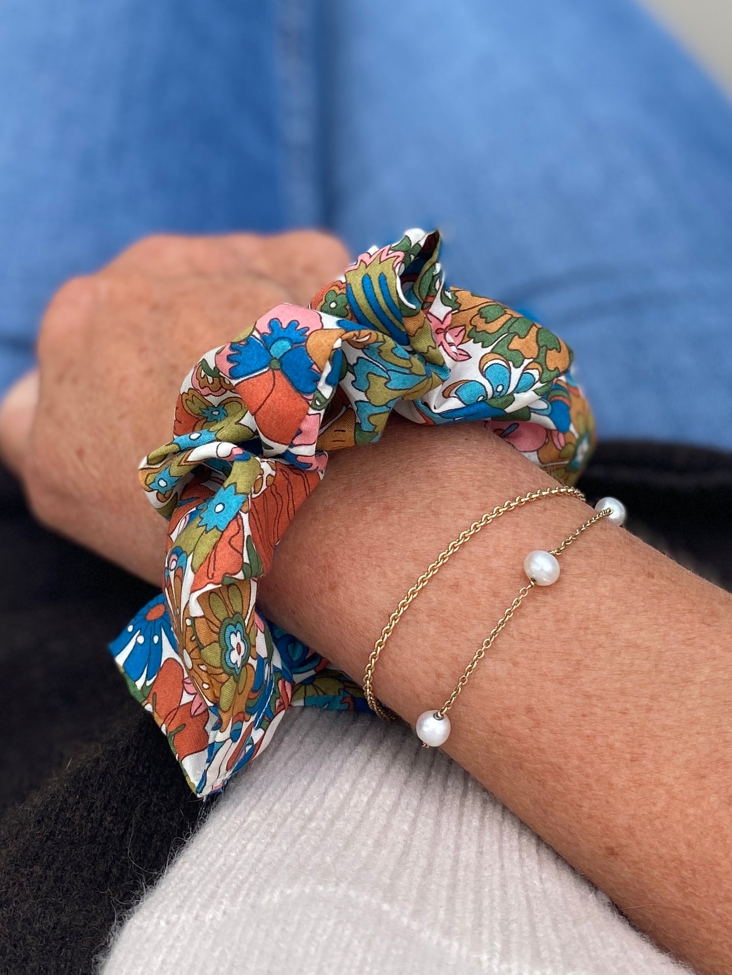 Retro colour palette floral motif Liberty design scrunchie - slim