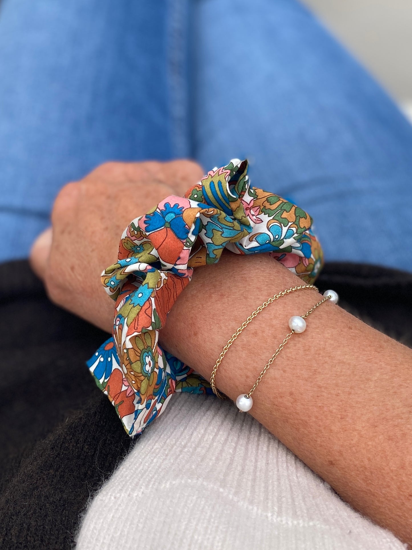 Retro colour palette floral motif Liberty design scrunchie - skinny