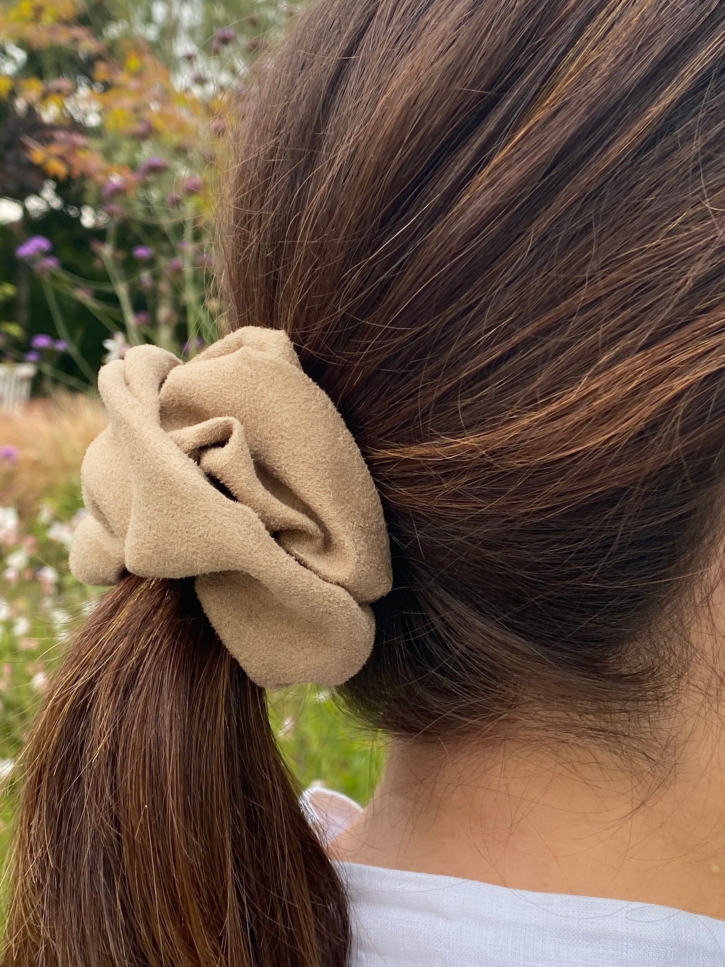 Faux suede scrunchie in taupe- slim