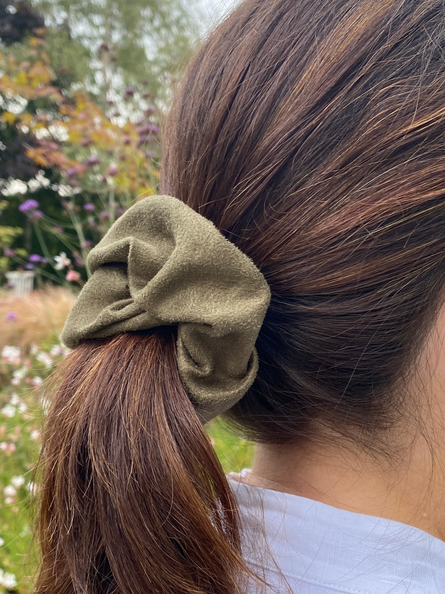 Faux suede scrunchie in khaki - full