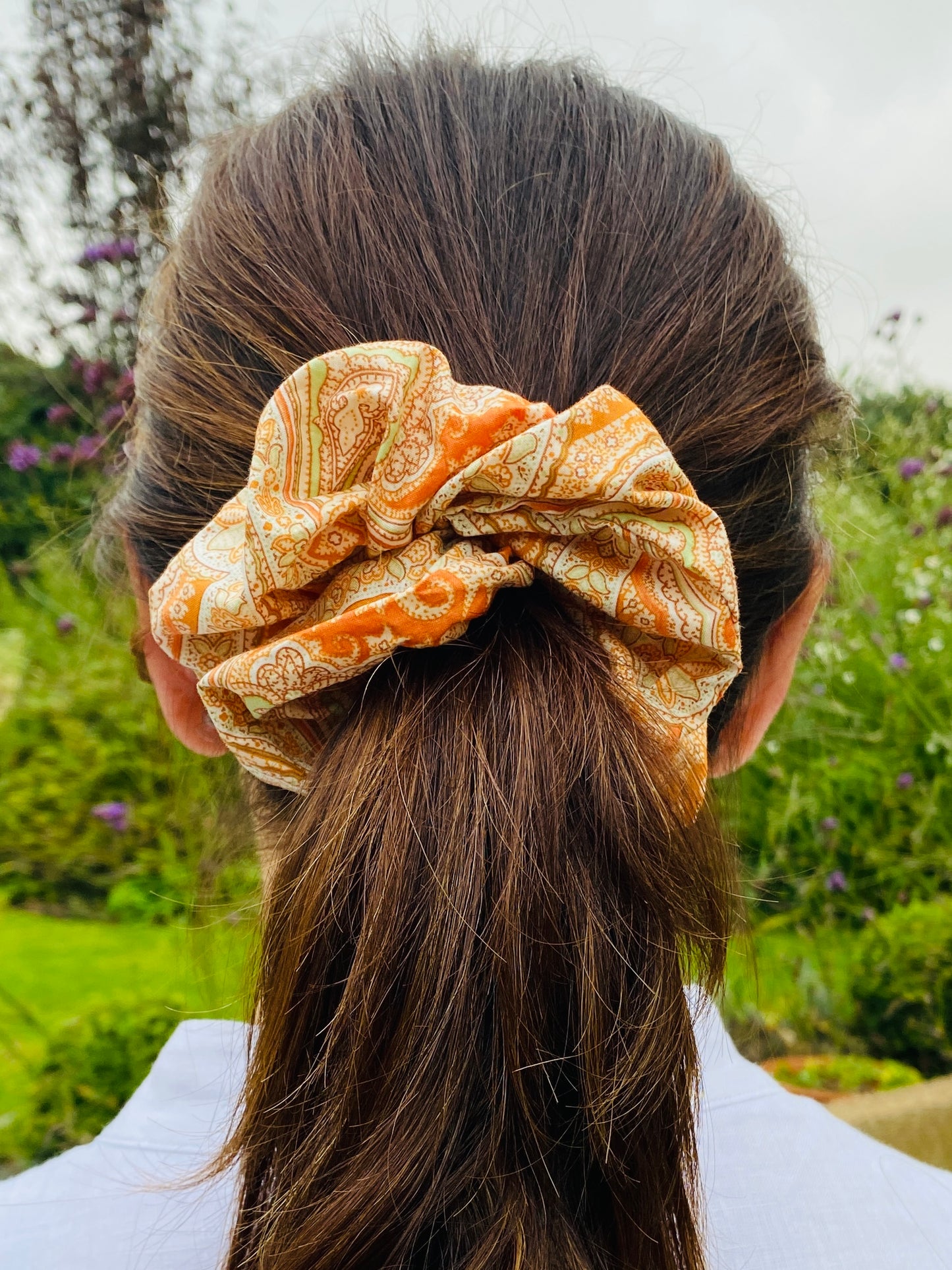 Silky soft orange paisley scrunchie in Liberty Tana Lawn cotton - full
