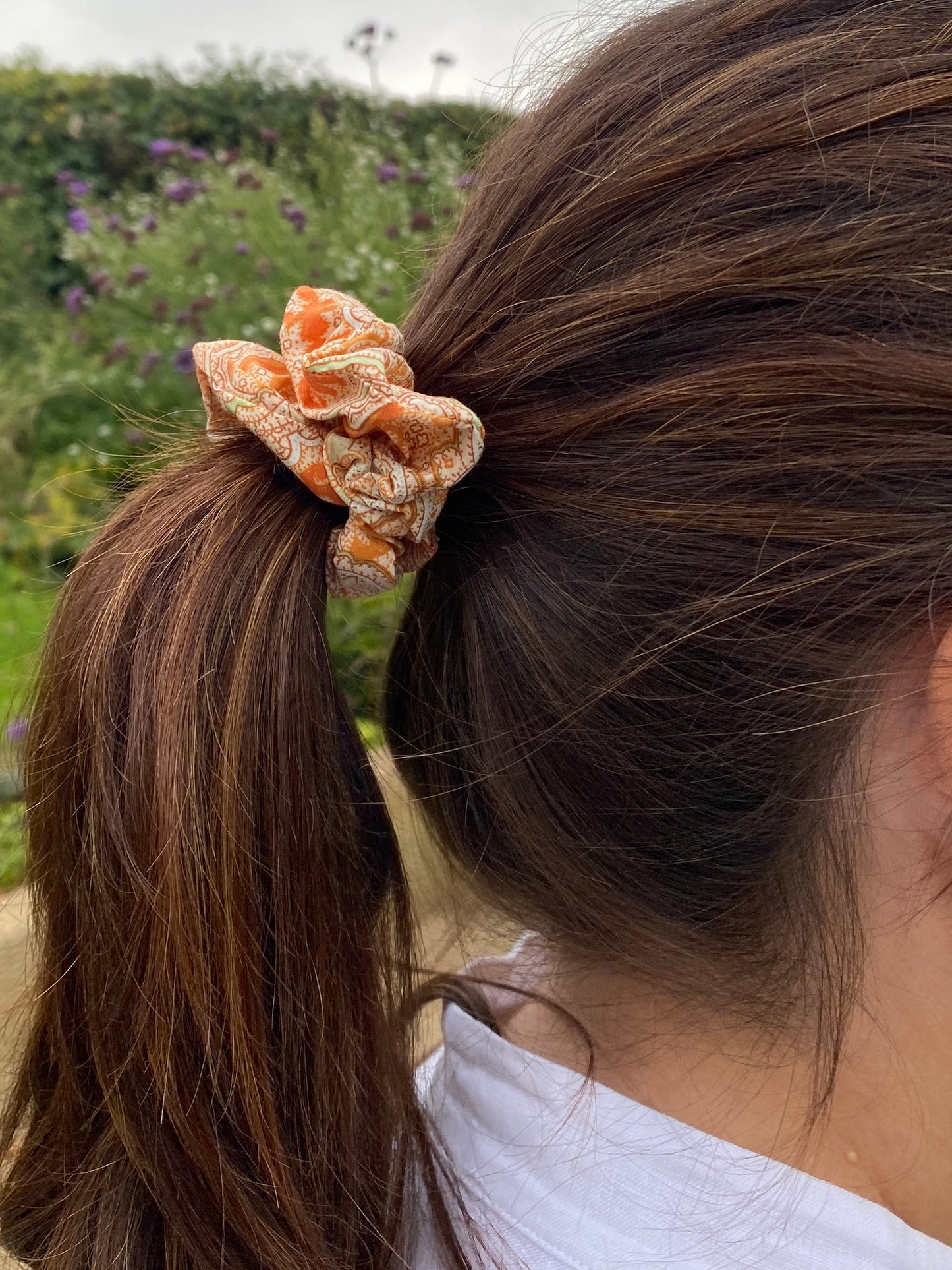 Silky soft orange paisley scrunchie in Liberty tana lawn cotton - skinny