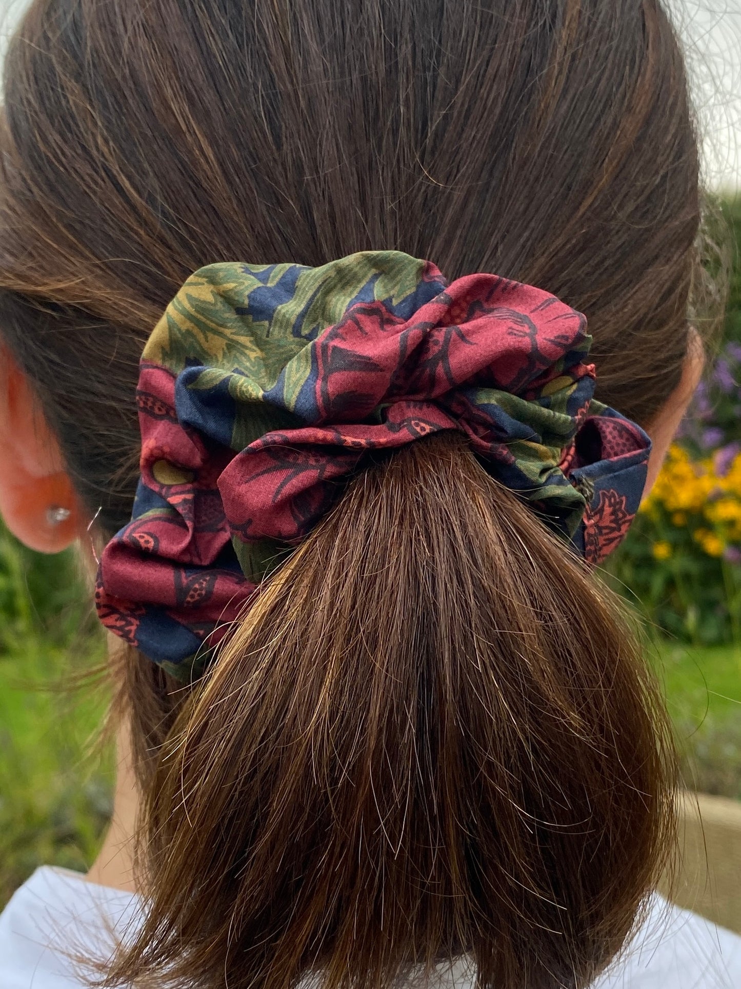 Richly jewel coloured Liberty Tana Lawn scrunchie - full