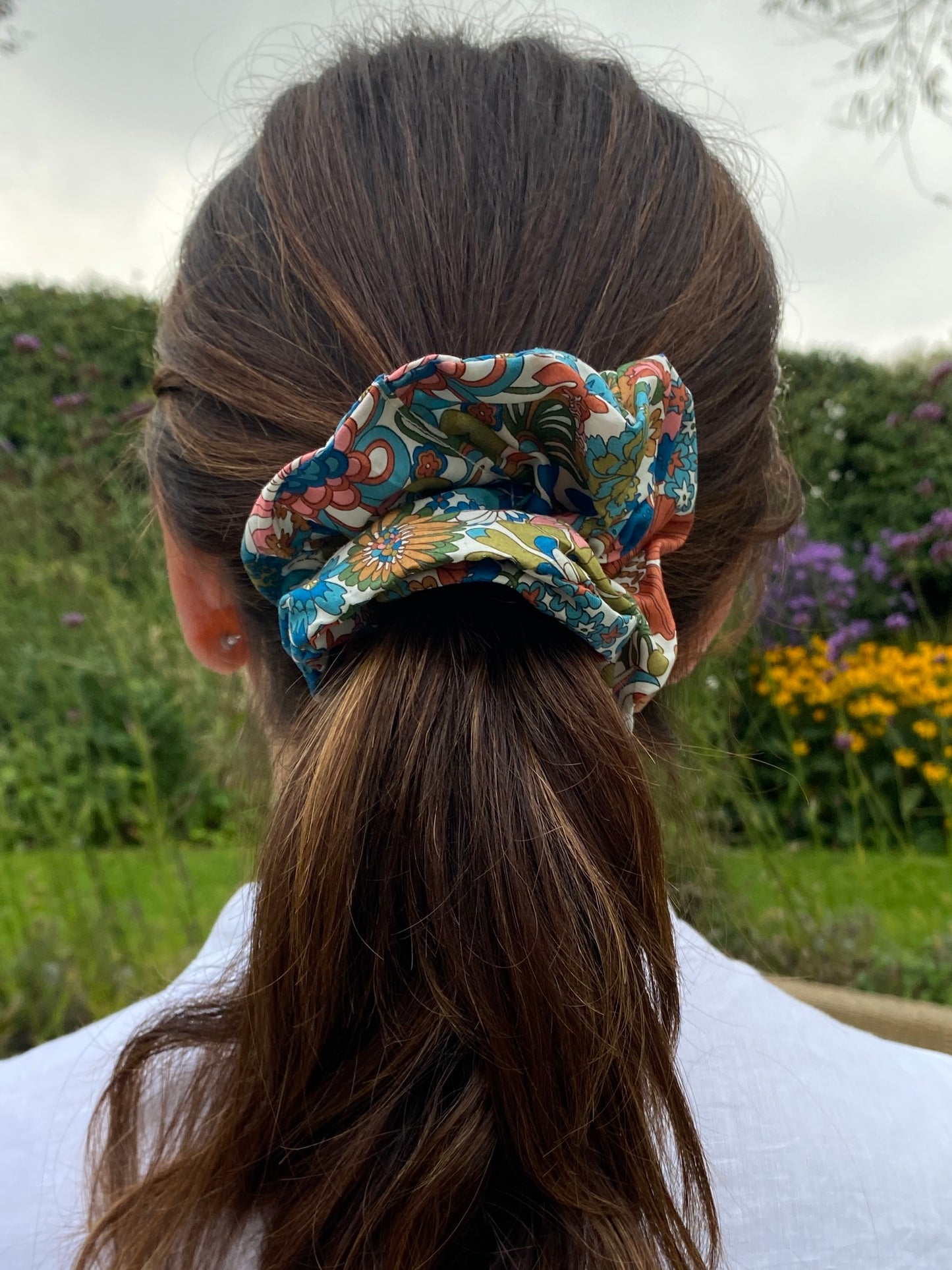 Retro colour palette floral motif Liberty design scrunchie - full
