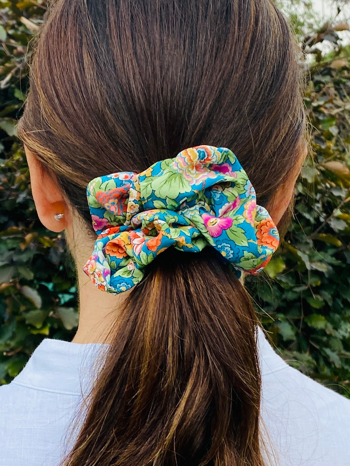 Luxury floral silk scrunchie with turquoise, orange, and pink - full