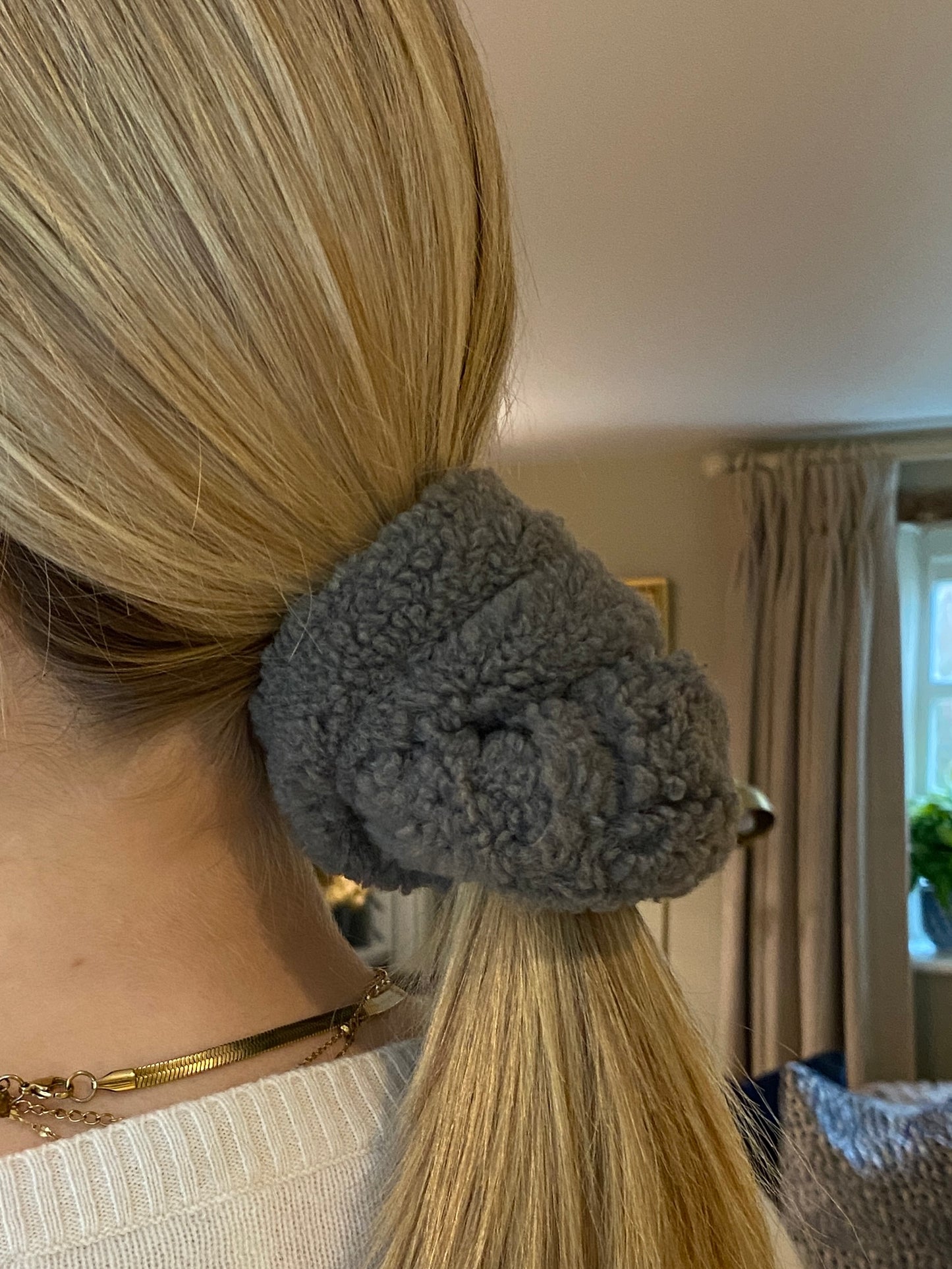 Grey sherpa sheepskin scrunchie