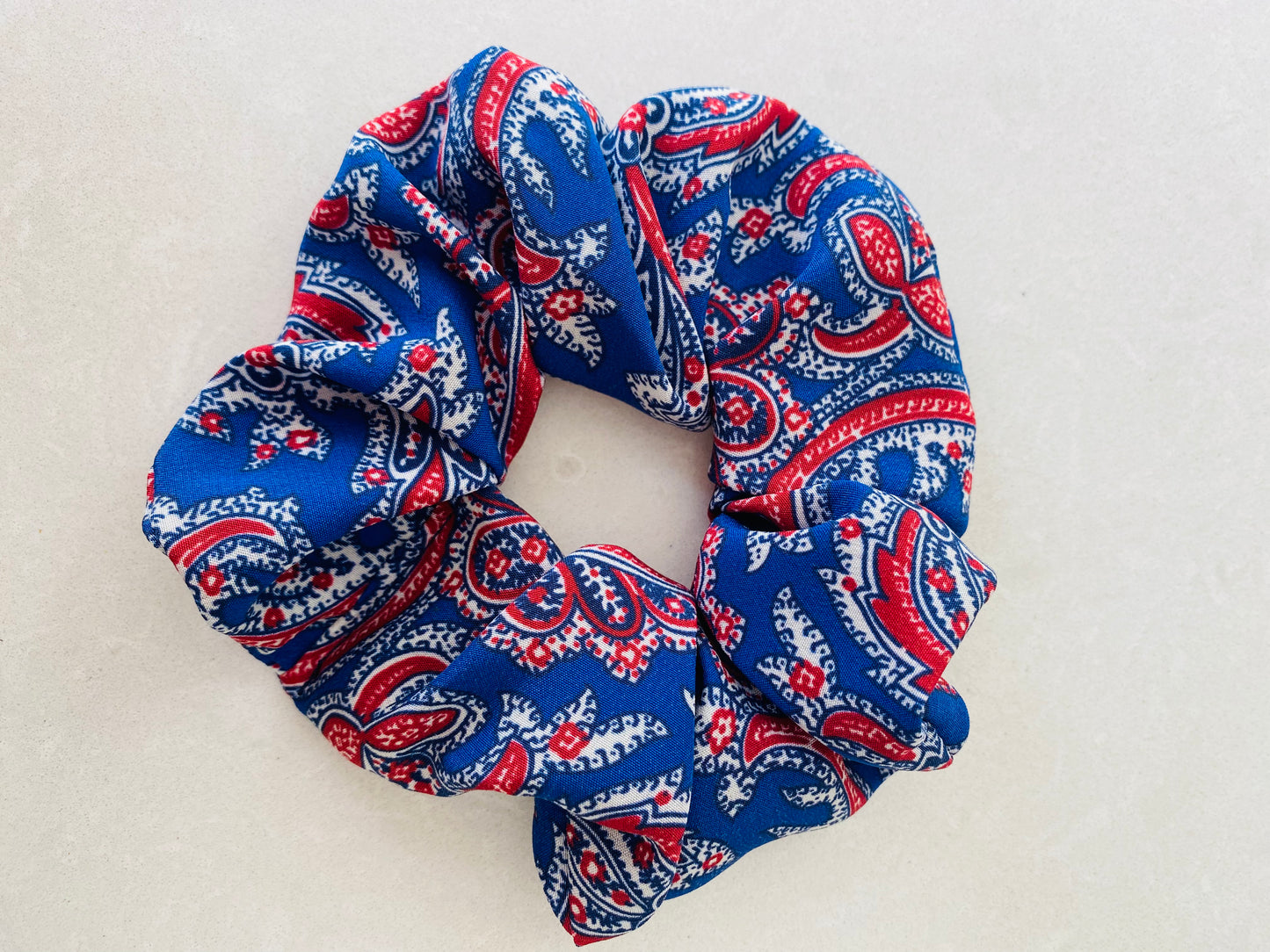 Beautiful cobalt silk paisley scrunchie with accents of red and white - slim