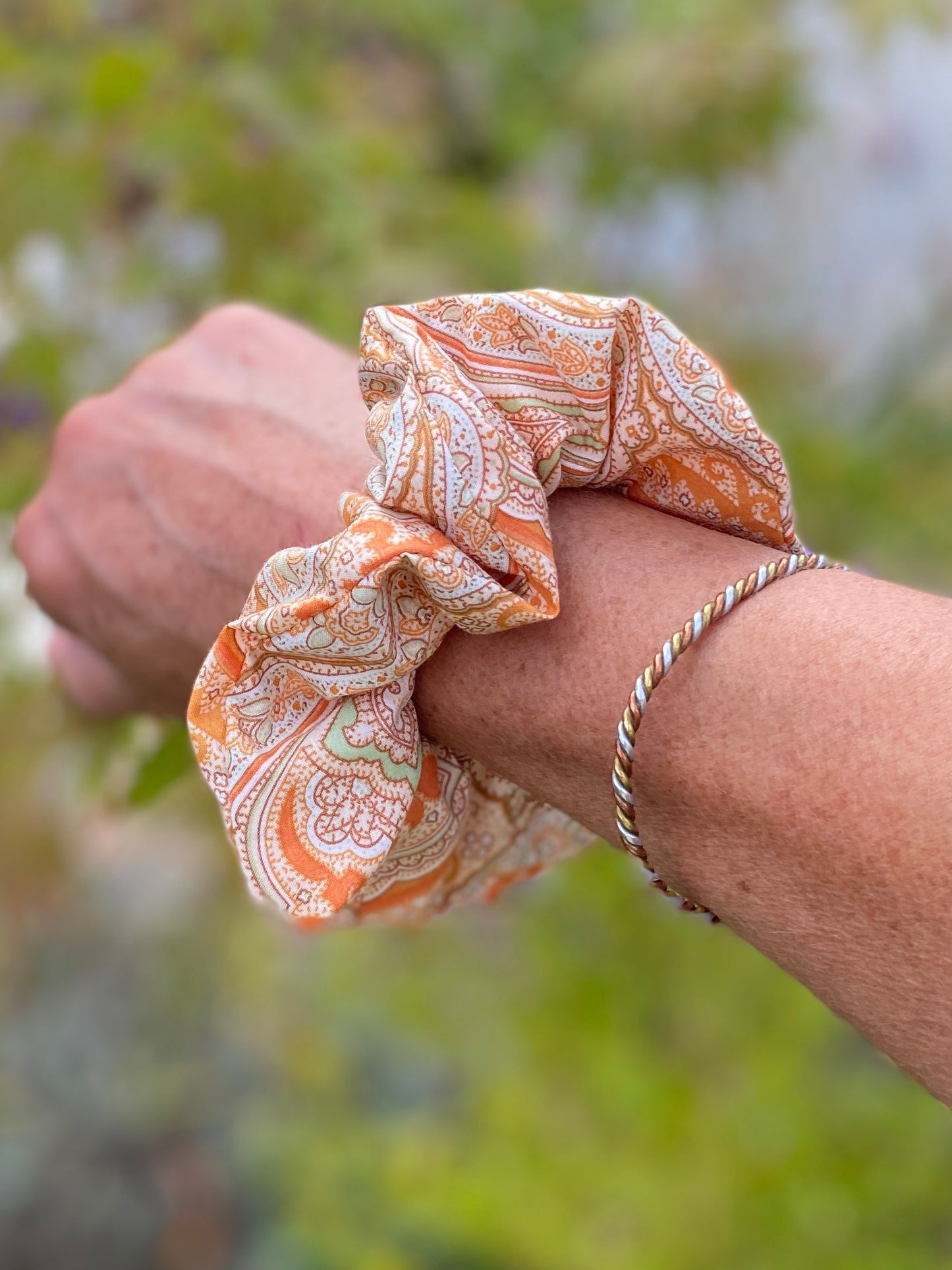 Silky soft orange paisley scrunchie in Liberty tana lawn cotton - slim