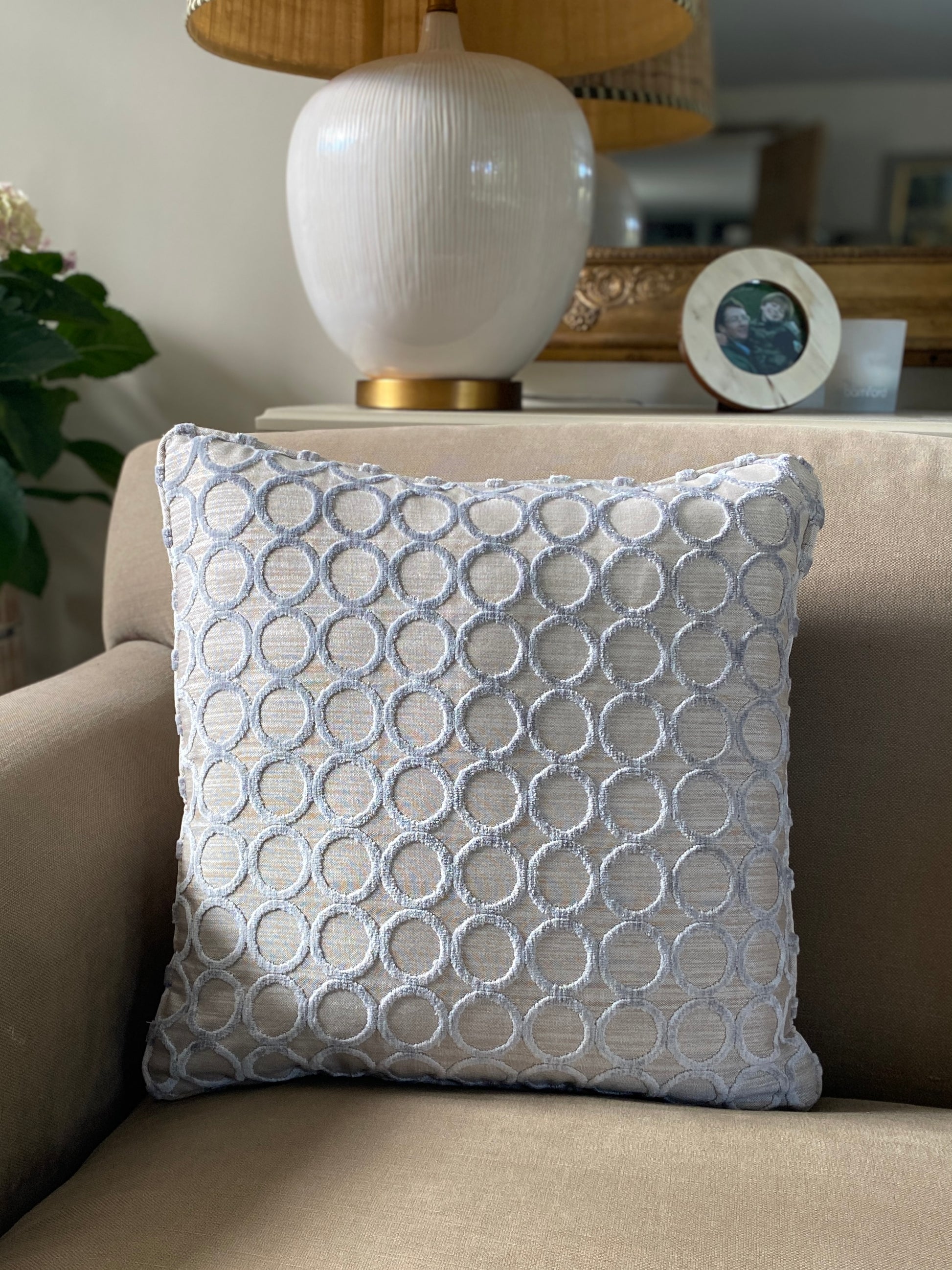 Silver grey cut pile velvet square cushion with silver grey background and circle design. Measures 45 x 45cm and has piping around the edges.