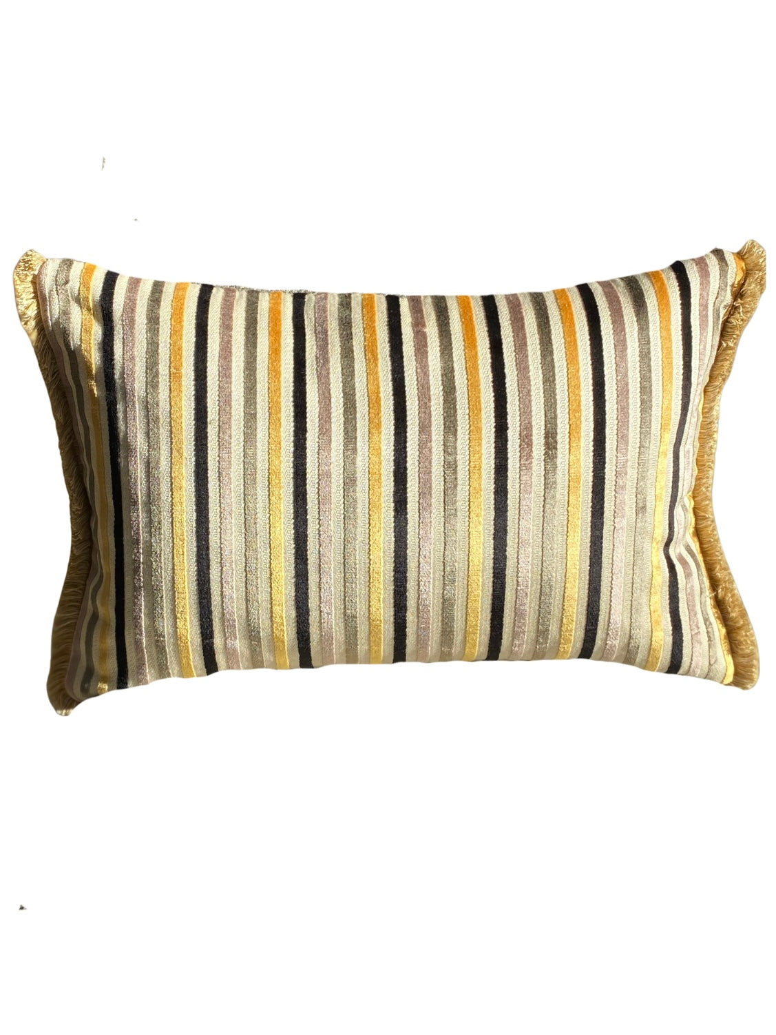 Striped cushion with brown, yellow, and black stripes on a white background