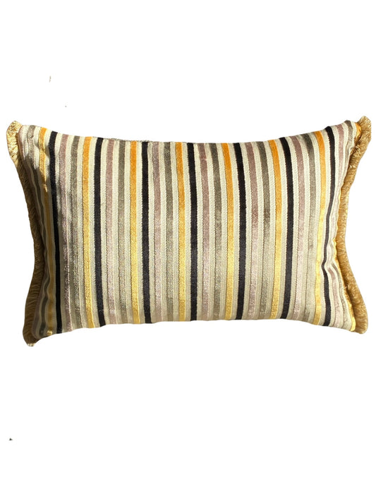 Striped cushion with brown, yellow, and black stripes on a white background