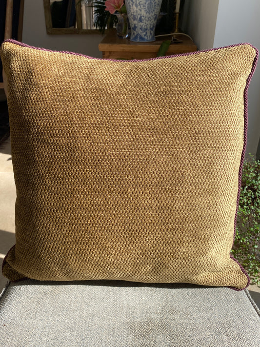 Antique gold chenille cushion with burgundy cord trim
