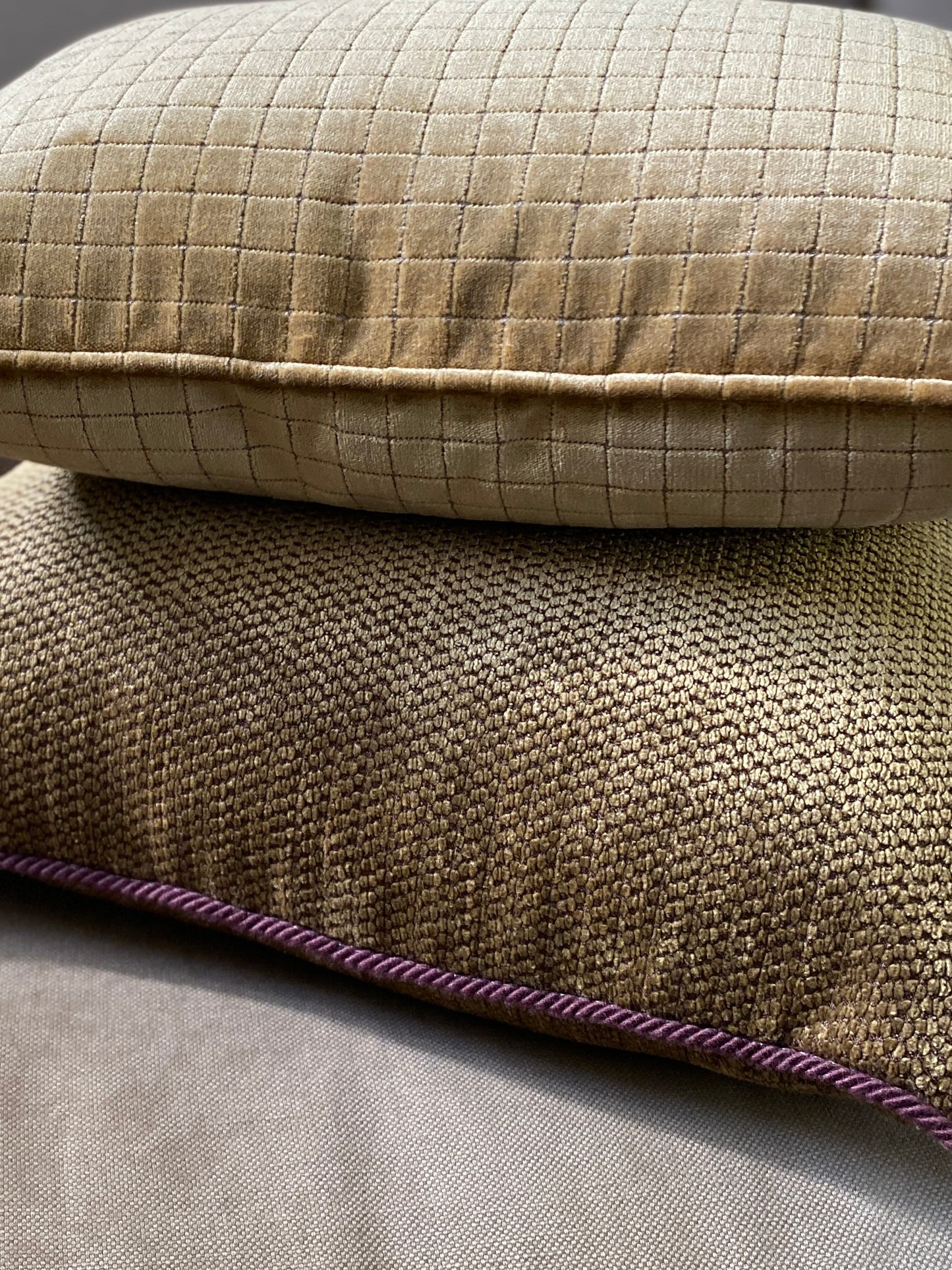 Antique gold chenille cushion with burgundy cord trim