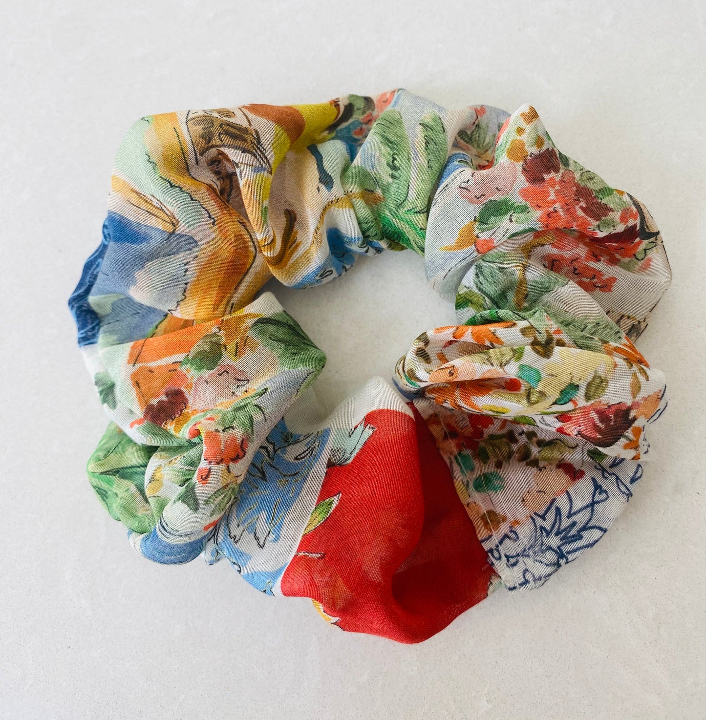 Silk scrunchie in forties style patchwork print - slim