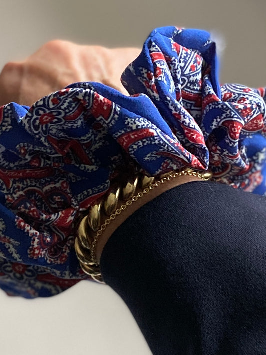 Beautiful cobalt silk paisley scrunchie with accents of red and white - full