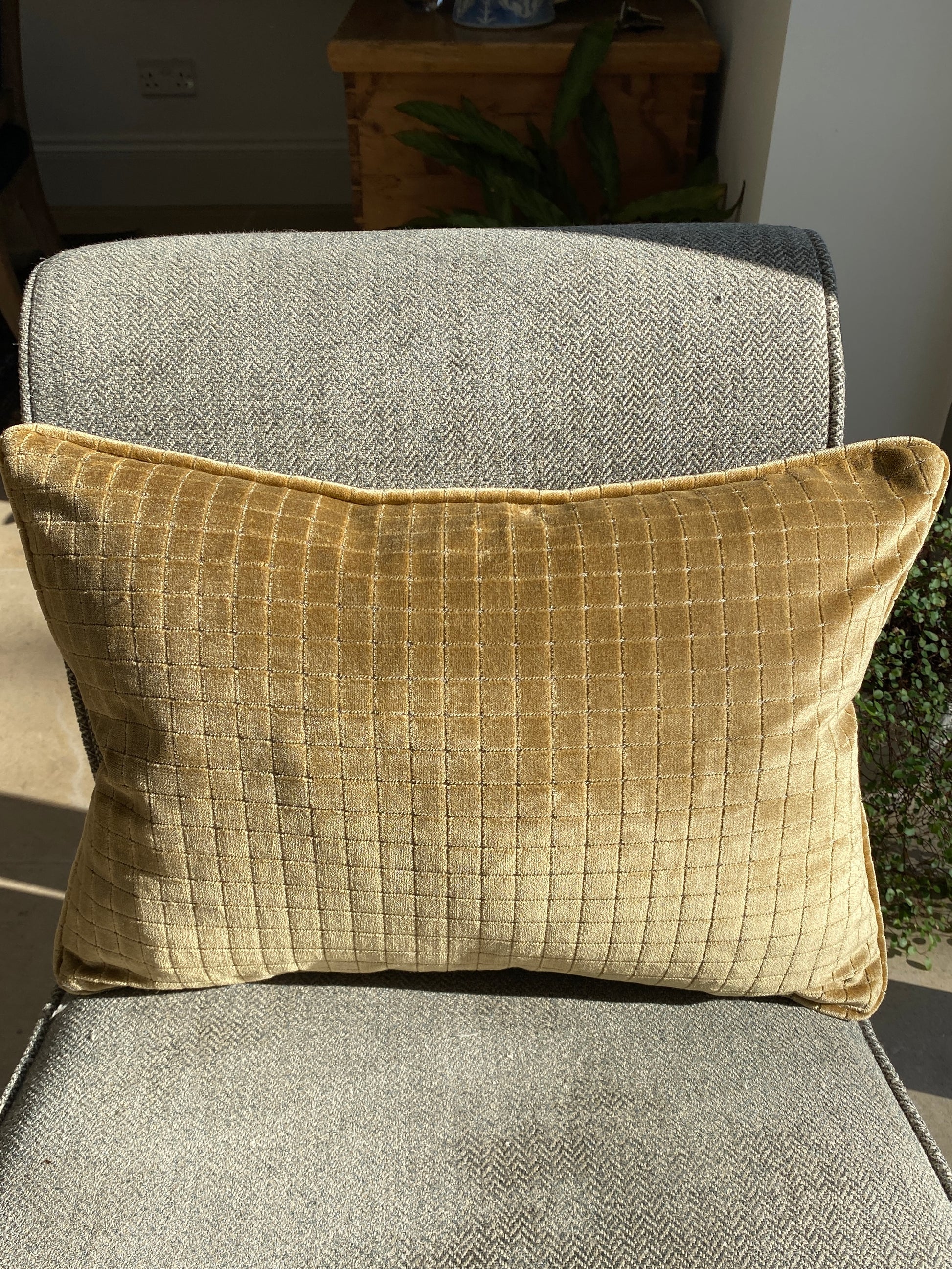 Gold textured velvet rectangular cushion on a chair