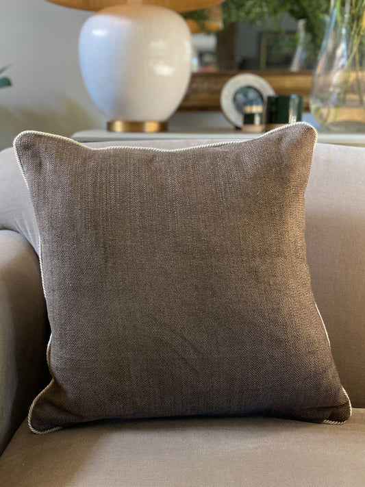 Chocolate brown woven chenille cushion with natural cord trimming