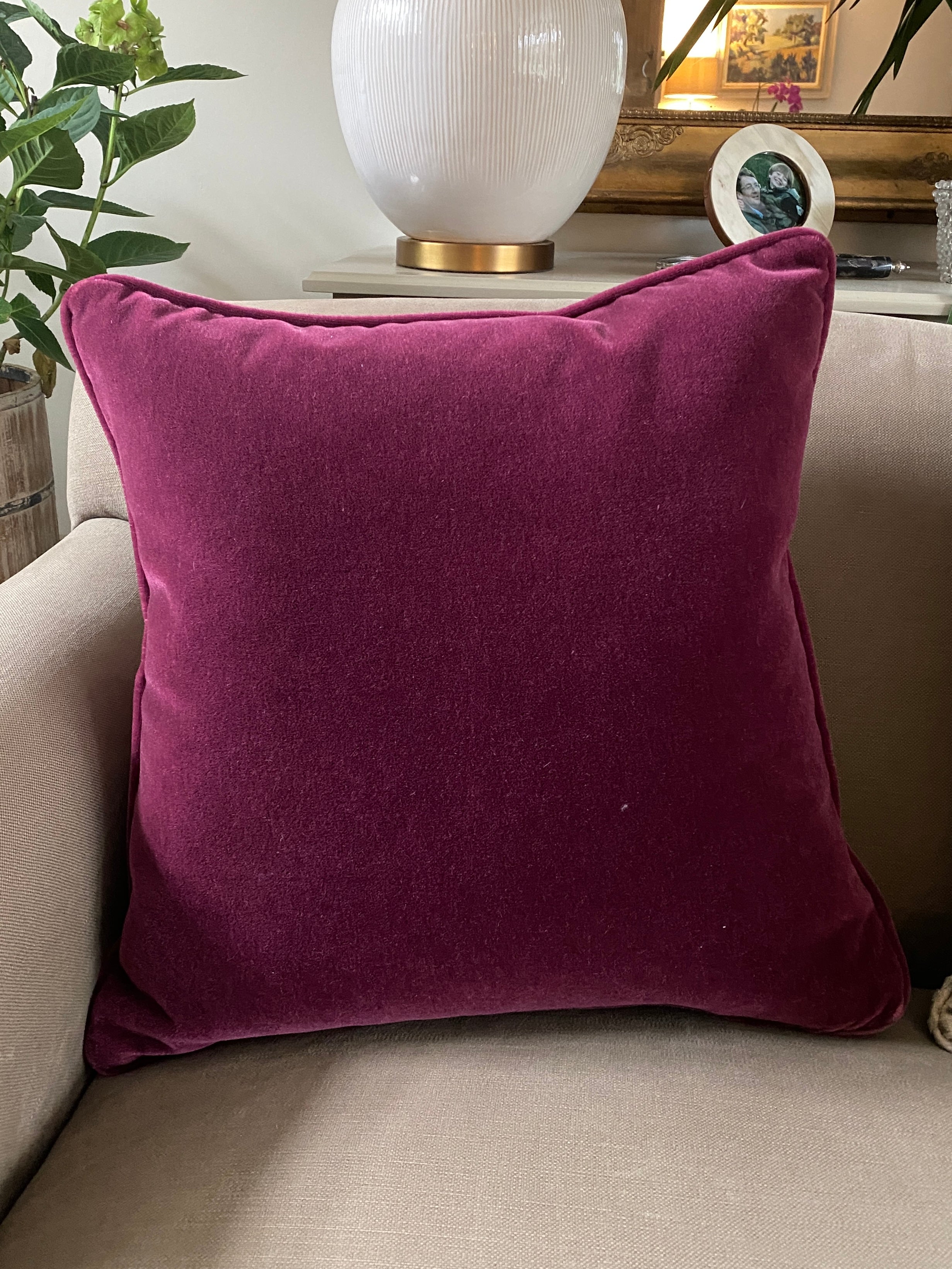 Luxury raspberry mohair velvet cushion – Sarah Savery-Smith