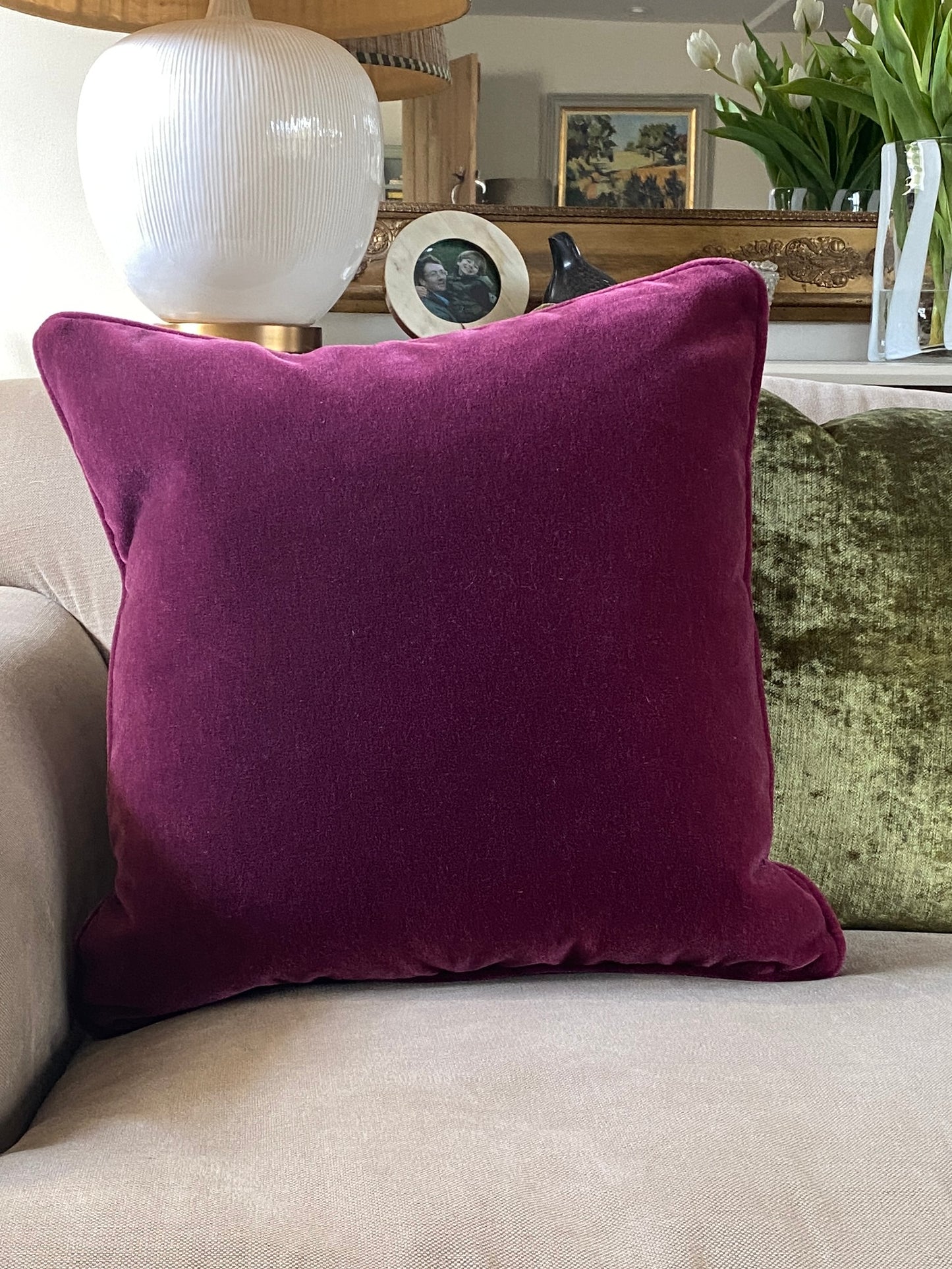 Luxury raspberry mohair velvet cushion