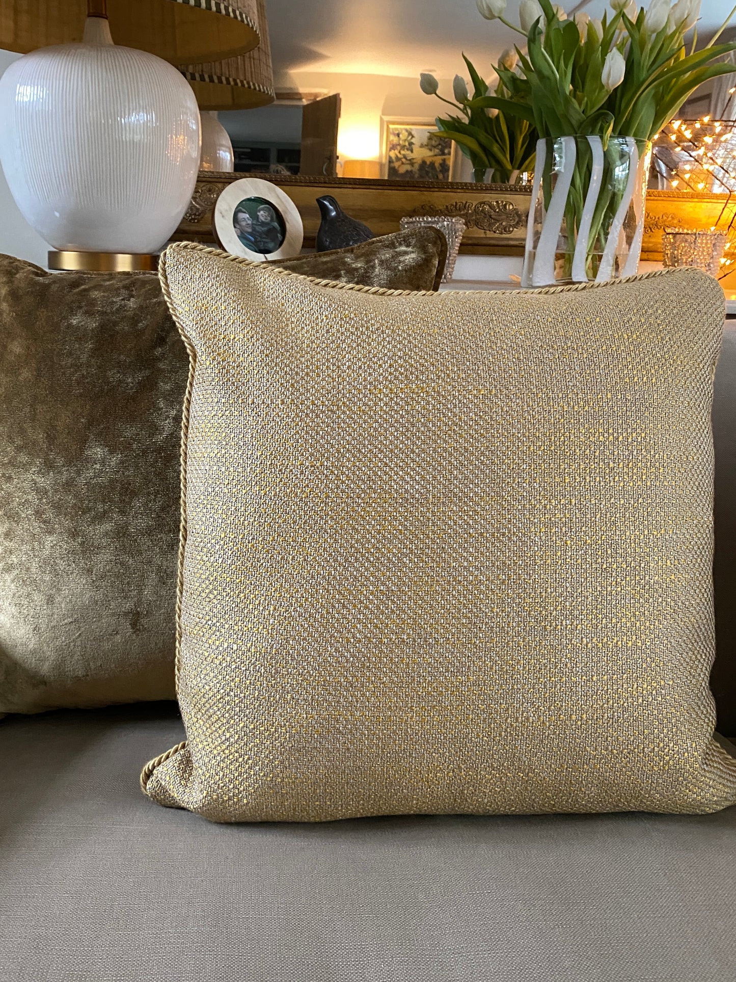 Warm gold luxury chenille cushion with gold cord trim