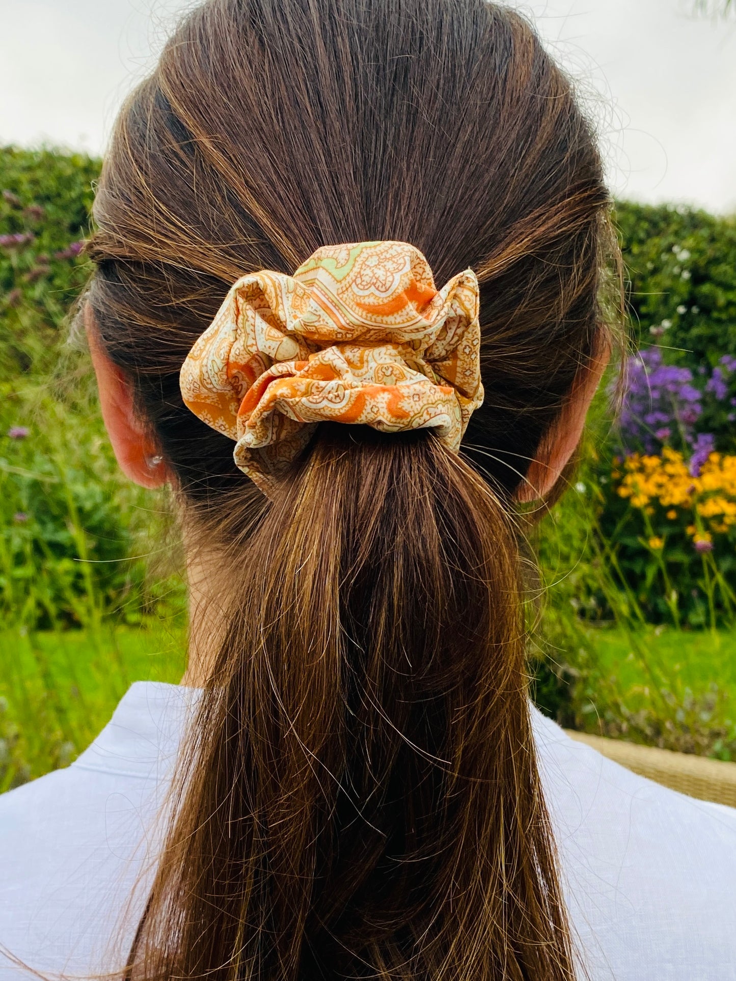 Silky soft orange paisley scrunchie in Liberty tana lawn cotton - slim