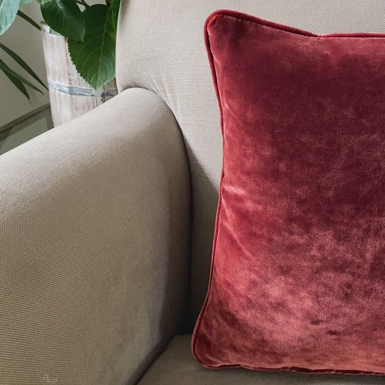 Chestnut velvet square cushion measures 38cm x 38cm and has piping around the edges. Has an autumnal feel.
