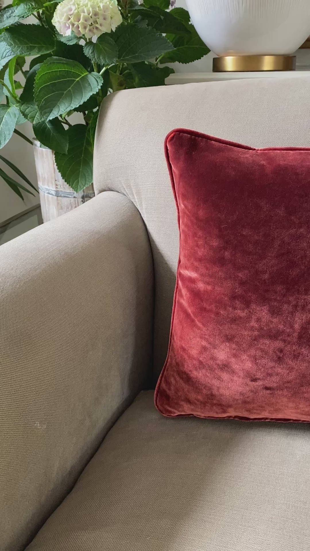 Chestnut velvet square cushion measures 38cm x 38cm and has piping around the edges. Has an autumnal feel.